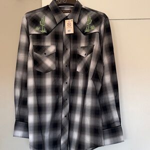 Roper Black and Gray Plaid Western Shirt with Green Cactus Embroidery